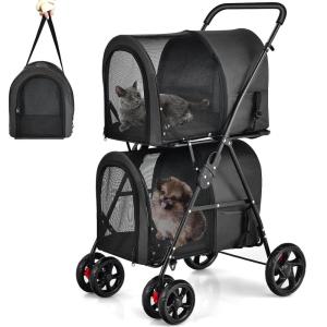 imageGiantex Double Pet Stroller with 2 Detachable Carrier Bags Safety Belt 4 Lockable Wheels Folding Cat ampamp Dog Stroller for Small Medium Pets Cats Dogs Puppy Travel Strolling Cart BeigeBlack