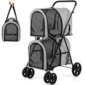 imageGiantex Double Pet Stroller with 2 Detachable Carrier Bags Safety Belt 4 Lockable Wheels Folding Cat ampamp Dog Stroller for Small Medium Pets Cats Dogs Puppy Travel Strolling Cart BeigeGray