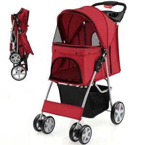 imageGiantex Folding Dog Stroller for Small Medium Dogs Cats Puppy 4 Lockable Wheels Cat Stroller Pet Travel Carrier Strolling Cart Safety Belt Removable Liner and Storage Basket RedRed