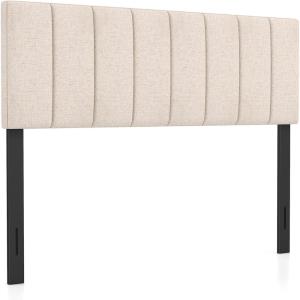imageGiantex Linen Upholstered Headboard Adjustable Width Button Tufted Headboard Only with Solid Wood Legs Attach Frame Modern Headboards for Queen Full Size Bed BeigeBeige
