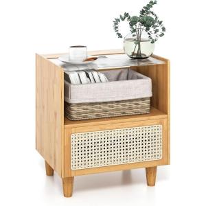 imageGiantex Rattan Nightstand with Drawer Set of 2 Boho Bamboo Bedside Table with Tempered Glass Top and Solid Wood Legs 20quot End Side Table with Storage Night Stand for Bedroom Living Room NaturalNatural