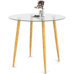 imageGiantex Round Glass Dining Table 355quot D x 30quot H Kitchen Dinner Table wTempered Glass Tabletop ampamp Metal Legs Circle Leisure Coffee Table for Dining Room ampamp Living Room Clear ampamp Natural 2 Pack