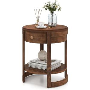 imageGiantex Round Side Table 2Tier Wooden End Table with Drawer and Shelf Vintage Wood Grain Finish Retro Circle Night Stand for Living Room Bedroom WalnutWalnut