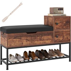imageGiantex Rustic Brown Entryway Bench with Storage  Flip Top Box 2 Door Cabinets Padded Cushion Shoehorn 395 Shoe Organizer for Hallway FoyerRustic Brown
