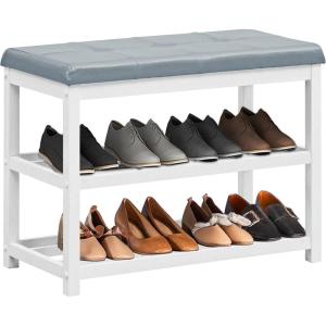imageGiantex Shoe Bench Wood Shoe Rack Bench with Cushion Seat PU Seat Shoe Storage Organizer ThickPadded Shoe Shelf 3Tier Shoe Rack for Entryway Bedroom Living Room Hallway WhiteGreyWhitegrey