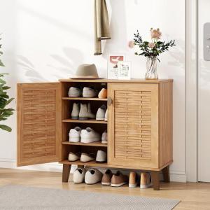 imageGiantex Shoe Cabinet with Doors 4Tier Farmhouse Shoe Rack Cabinet with 3 Adjustable Shelves Freestanding Wood Shoe Storage Cabinet for Entryway Closet Hallway Living Room