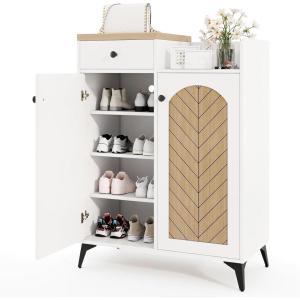 imageGiantex Shoe Cabinet with Doors 6Tier Shoe Organizer Cabinet with Drawer 6 Removable Shelves ampamp Metal Legs Modern Wooden Shoe Storage Cabinet for Entryway Closet Hallway Living Room White