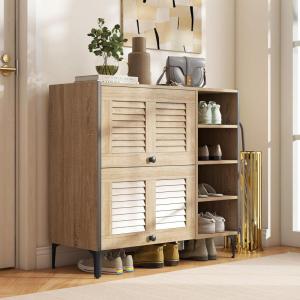 imageGiantex Shoe Cabinet with Flip ampamp Slide Doors Entry Way Shoe Rack Cabinet with Adjustable Cube Shelves Freestanding Wood Shoe Cabinet Storage for Entryway Closet Hallway Living Room Foyer OakLouvered Doors