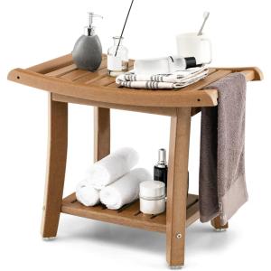 imageGiantex Shower Chair Waterproof HDPE Shower Seat with Storage Shelf Handles ampamp NonSlip Foot Pads 2Tier Shower Stool for Inside Shower Plastic Shower Bench for Bathtub Seniors Adults DisabledBrown