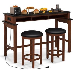 imageGiantex Small Dining Table Set for 2  Bar Table and 2 Bar Stools Sofa Table with Outlets USB Ports Breakfast Nook Table Set 3Piece Bar Table and Chairs Set Kitchen Table Set BlackWalnutBlackwalnut