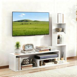 imageGiantex Small WhiteTV Stand for 3250 Inch TV LShaped Entertainment Center with Storage ampamp 3 Tier Bookshelf Wood Television Stands Modern TV Console Table for Living Room Bedroom