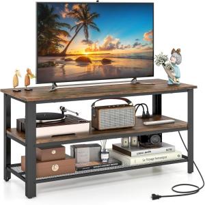 imageGiantex TV Stand for Bedroom Entertainment Center for TVs up to 50quot 3Tier Media Console Table with Outlets USB PortsStorage Shelves Metal Frame 435quot TV Table for Living Room Rustic Brown