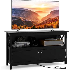 imageGiantex TV Stand with Power Outlet for TVs up to 50 Inch Entertainment Center with 2Door Cabinet Storage Shelf 2 Cable Holes Modern Media Console Table for Living Room Bedroom TV Cabinet WhiteBlack