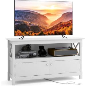 imageGiantex TV Stand with Power Outlet for TVs up to 50 Inch Entertainment Center with 2Door Cabinet Storage Shelf 2 Cable Holes Modern Media Console Table for Living Room Bedroom TV Cabinet WhiteWhite