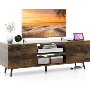 imageGiantex TV Stand with Power Outlet for TVs up to 60 Entertainment Center with Cable Hole Cabinets Adjustable Shelf Modern Media Console Television Stands for Living Room Bedroom Rustic BrownRustic Brown