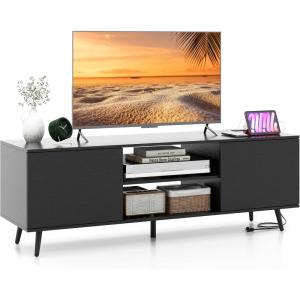 imageGiantex TV Stand with Power Outlet for TVs up to 60 Entertainment Center with Cable Hole Cabinets Adjustable Shelf Modern Media Console Television Stands for Living Room Bedroom Rustic BrownBlack