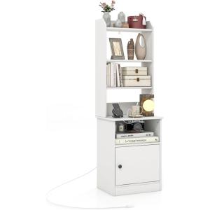 imageGiantex Tall Nightstand with Charging Station  56quot Tall Bedside Table with 6Level Adjustable Bookshelf Modern End Side Table with Storage Cabinet for Bedroom WhiteWhite