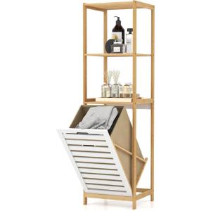 imageGiantex Tilt Out Laundry Hamper  Laundry Hamper Cabinet with 3 Tier Storage Shelves Removable Laundry Basket 51quot Tall Freestanding Bamboo Tower Hamper Organizer for Bathroom Small Space
