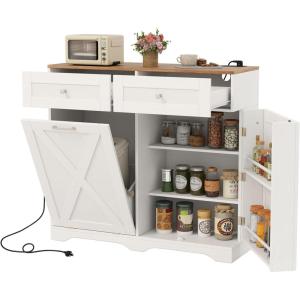 imageGiantex Tilt Out Trash Can Cabinet 10 Gallon Kitchen Island with Power Outlet 2 Drawers Adjustable Shelves Hidden Storage Garbage Bin Cabinet for Laundry Room Dining Room GreyWalnutWhitewalnut