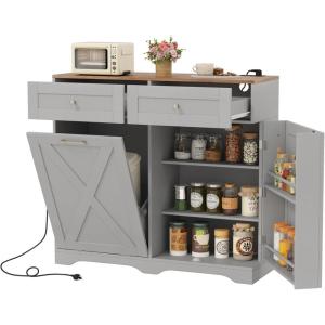 imageGiantex Tilt Out Trash Can Cabinet 10 Gallon Kitchen Island with Power Outlet 2 Drawers Adjustable Shelves Hidden Storage Garbage Bin Cabinet for Laundry Room Dining Room GreyWalnutGreywalnut