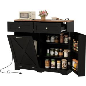 imageGiantex Tilt Out Trash Can Cabinet 10 Gallon Kitchen Island with Power Outlet 2 Drawers Adjustable Shelves Hidden Storage Garbage Bin Cabinet for Laundry Room Dining Room GreyWalnutBlackwalnut