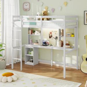 imageGiantex Twin Loft Bed with Desk ampamp Hutch Wooden Loft Bed wLED Light ampamp Charging Station Safety Guardrails ampamp Ladder Twin Bed Frame wStorage Shelves for Dorm Apartment No Box Spring Needed White