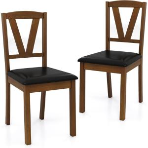 imageGiantex Wooden Dining Chairs Set of 2 PU Leather Upholstered Kitchen Armless Chairs wVShapd Backrest Rubber Wood Frame Comfy Padded Seat MidCentury Accent Furniture for Dining Living RoomBrownblack