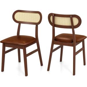 imageGiantex Wooden Dining Chairs Set of 2 PU Leather Upholstered Kitchen Chairs wBreathable Mesh Cane Backrest Rubber Wood Frame Padded Seat Farmhouse Armless Side Chairs for Dining Room CoffeeCoffee