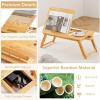 imageGiantex Bamboo Laptop Desk for Bed Adjustable Serving Tray Breakfast Table with Tilting Desktop Folding Lap Tray with Removable Stopper Cooling Holes ampamp Small Side Drawer BlackNatural