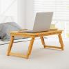 imageGiantex Bamboo Laptop Desk for Bed Adjustable Serving Tray Breakfast Table with Tilting Desktop Folding Lap Tray with Removable Stopper Cooling Holes ampamp Small Side Drawer BlackNatural