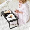 imageGiantex Bamboo Laptop Desk for Bed Adjustable Serving Tray Breakfast Table with Tilting Desktop Folding Lap Tray with Removable Stopper Cooling Holes ampamp Small Side Drawer BlackBlack