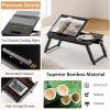 imageGiantex Bamboo Laptop Desk for Bed Adjustable Serving Tray Breakfast Table with Tilting Desktop Folding Lap Tray with Removable Stopper Cooling Holes ampamp Small Side Drawer BlackBlack