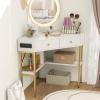 imageGiantex Corner Desk with Charging Station 90 Degree Triangle Computer Desk with 2 Drawers ampamp Storage Shelf LShaped Writing Desk Makeup Vanity Table Compact Corner Desk for Small Spaces GoldWhite