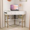 imageGiantex Corner Desk with Charging Station 90 Degree Triangle Computer Desk with 2 Drawers ampamp Storage Shelf LShaped Writing Desk Makeup Vanity Table Compact Corner Desk for Small Spaces GoldWhite