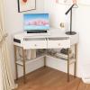imageGiantex Corner Desk with Charging Station 90 Degree Triangle Computer Desk with 2 Drawers ampamp Storage Shelf LShaped Writing Desk Makeup Vanity Table Compact Corner Desk for Small Spaces GoldWhite