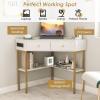 imageGiantex Corner Desk with Charging Station 90 Degree Triangle Computer Desk with 2 Drawers ampamp Storage Shelf LShaped Writing Desk Makeup Vanity Table Compact Corner Desk for Small Spaces GoldWhite