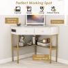 imageGiantex Corner Desk with Charging Station 90 Degree Triangle Computer Desk with 2 Drawers ampamp Storage Shelf LShaped Writing Desk Makeup Vanity Table Compact Corner Desk for Small Spaces GoldGold