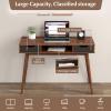 imageGiantex Mid Century Modern Desk with Drawers Simple Study Desk with Open Storage Cubby ampamp Solid Wood Legs Vanity Table Workstation Home Office Writing Computer or Laptop Desk for Bedroom Walnut