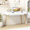imageGiantex MidCentury Desk with 2 Drawers 435quot Writing Study Desk with Solid Rubber Wood Legs Home Office Computer Workstation PC Laptop Desk Modern Makeup Vanity Table for Bedroom White ampamp NaturalWhite  Natural