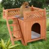imageGiantex Pet Dog House Wooden Dog Room Shelter with Stairs Raised Roof and Balcony Bed for Indoor and Outdoor Use Wood Dog House