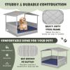 imageGiantex Wicker Dog House Raised Rattan Dog Bed with Waterproof Roof Washable Cushion Cover Steel Frame Indoor Outdoor Elevated Dog Bed Pet House for Small Medium Dogs Cats Easy AssemblyLight Grey House  Navy Cushion