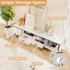 imageGiantex Wood TV Stand for TVs up to 80quot Modern Entertainment Center with Storage Drawers Side Cabinets Wood Television Stands Media TV Console Table for Living Room Bedroom Oak ampamp Bluish GrayAntique White