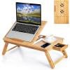 imageGiantex Bamboo Laptop Desk for Bed Adjustable Serving Tray Breakfast Table with Tilting Desktop Folding Lap Tray with Removable Stopper Cooling Holes ampamp Small Side Drawer BlackNatural