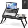imageGiantex Bamboo Laptop Desk for Bed Adjustable Serving Tray Breakfast Table with Tilting Desktop Folding Lap Tray with Removable Stopper Cooling Holes ampamp Small Side Drawer BlackBlack