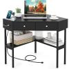 imageGiantex Corner Desk with Charging Station 90 Degree Triangle Computer Desk with 2 Drawers ampamp Storage Shelf LShaped Writing Desk Makeup Vanity Table Compact Corner Desk for Small Spaces GoldBlack