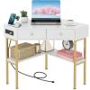 imageGiantex Corner Desk with Charging Station 90 Degree Triangle Computer Desk with 2 Drawers ampamp Storage Shelf LShaped Writing Desk Makeup Vanity Table Compact Corner Desk for Small Spaces GoldWhite