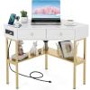 imageGiantex Corner Desk with Charging Station 90 Degree Triangle Computer Desk with 2 Drawers ampamp Storage Shelf LShaped Writing Desk Makeup Vanity Table Compact Corner Desk for Small Spaces GoldGold