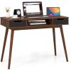 imageGiantex Mid Century Modern Desk with Drawers Simple Study Desk with Open Storage Cubby ampamp Solid Wood Legs Vanity Table Workstation Home Office Writing Computer or Laptop Desk for Bedroom Walnut