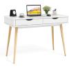 imageGiantex MidCentury Desk with 2 Drawers 435quot Writing Study Desk with Solid Rubber Wood Legs Home Office Computer Workstation PC Laptop Desk Modern Makeup Vanity Table for Bedroom White ampamp NaturalWhite  Natural
