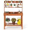 imageGiantex Potting Bench Table Outside Solid Wood Gardening Table with Flipup Tabletop Storage Shelves Indoor Outdoor Wooden Workstation for Patio Porch Balcony Potted Plant Display Rack BrownBrown